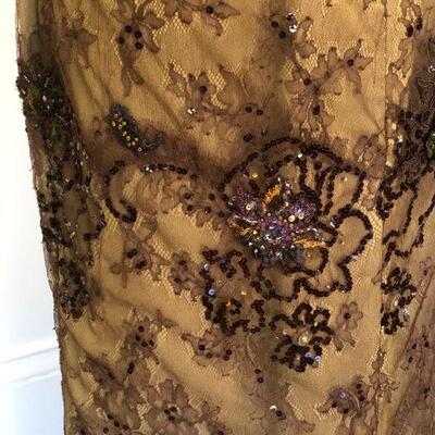 San Carlin Deep Brown and Tan Sequin Lace Strapless Gown Size 10