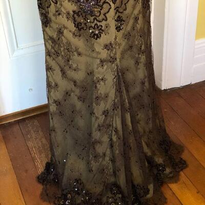 San Carlin Deep Brown and Tan Sequin Lace Strapless Gown Size 10