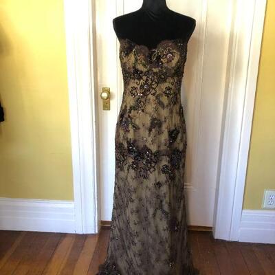 San Carlin Deep Brown and Tan Sequin Lace Strapless Gown Size 10