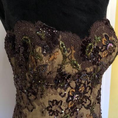 San Carlin Deep Brown and Tan Sequin Lace Strapless Gown Size 10