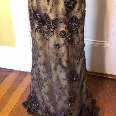 San Carlin Deep Brown and Tan Sequin Lace Strapless Gown Size 10