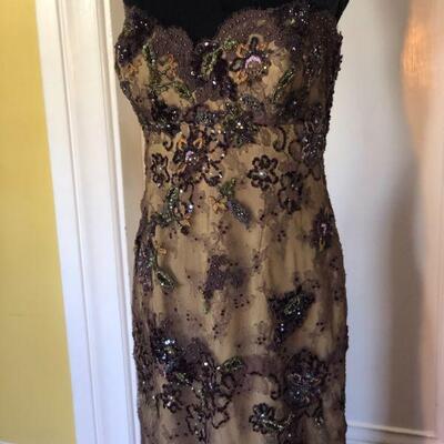 San Carlin Deep Brown and Tan Sequin Lace Strapless Gown Size 10