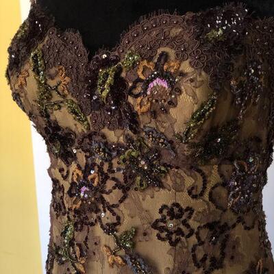 San Carlin Deep Brown and Tan Sequin Lace Strapless Gown Size 10