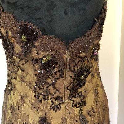 San Carlin Deep Brown and Tan Sequin Lace Strapless Gown Size 10