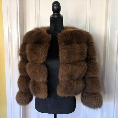 Gorgeous Vintage Genuine 4 Ring Fox Fur Crop Jacket Coat Dark Brown Size 8/10