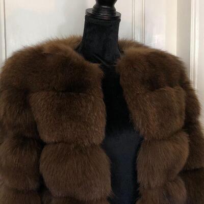 Gorgeous Vintage Genuine 4 Ring Fox Fur Crop Jacket Coat Dark Brown Size 8/10