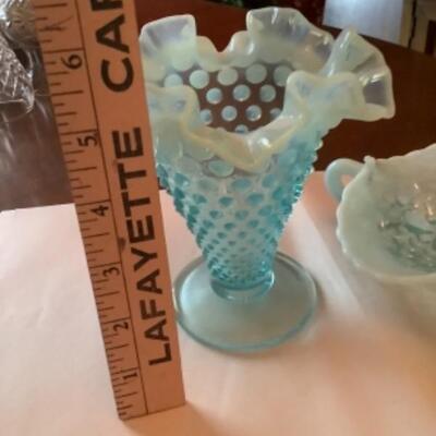 2 HOBNAIL BLUE FENTON VASE + DISH