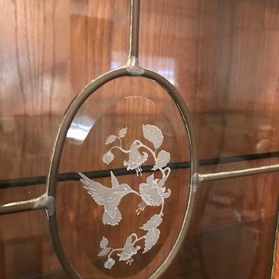 Vintage Oak China Cabinet With Glass Hummingbird Detail (99)