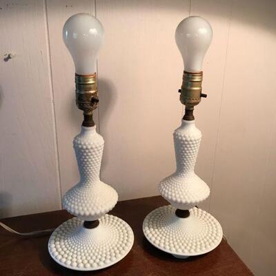Vintage Pair of Milk Glass Hobnail Lamps (103)