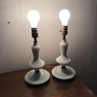 Vintage Pair of Milk Glass Hobnail Lamps (103)