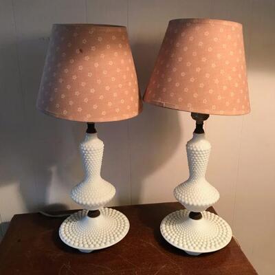 Vintage Pair of Milk Glass Hobnail Lamps (103)