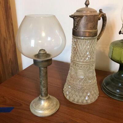 Group of Antique Items, Hurricane Lamp, Jug, Crystal Silver Pitcher, etc (105)