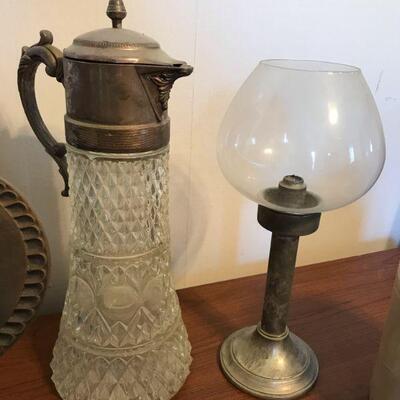 Group of Antique Items, Hurricane Lamp, Jug, Crystal Silver Pitcher, etc (105)