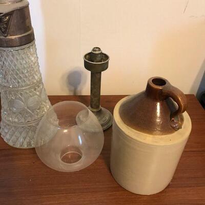 Group of Antique Items, Hurricane Lamp, Jug, Crystal Silver Pitcher, etc (105)