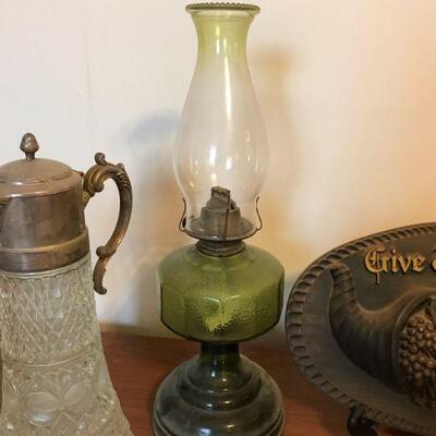 Group of Antique Items, Hurricane Lamp, Jug, Crystal Silver Pitcher, etc (105)