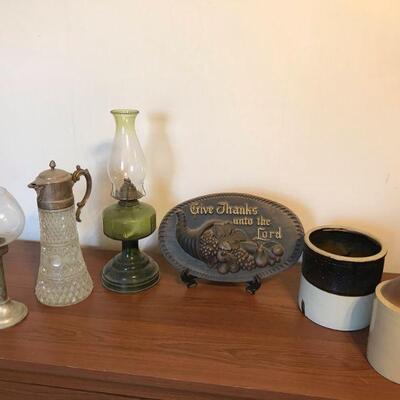 Group of Antique Items, Hurricane Lamp, Jug, Crystal Silver Pitcher, etc (105)