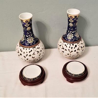 Lot #15  Pair of Pierced Asian Style Vases or Candle Lamps on Stand