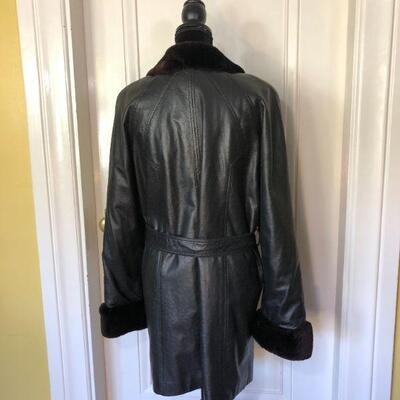 Escada Margaretha Ley Black Leather and Fur Trim Jack with Waist Tie Belt Size 38