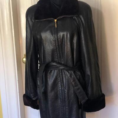 Escada Margaretha Ley Black Leather and Fur Trim Jack with Waist Tie Belt Size 38