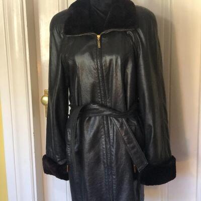 Escada Margaretha Ley Black Leather and Fur Trim Jack with Waist Tie Belt Size 38