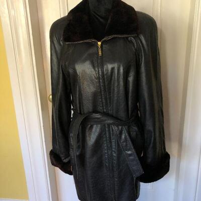Escada Margaretha Ley Black Leather and Fur Trim Jack with Waist Tie Belt Size 38