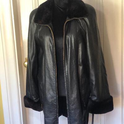 Escada Margaretha Ley Black Leather and Fur Trim Jack with Waist Tie Belt Size 38