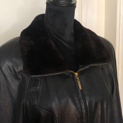 Escada Margaretha Ley Black Leather and Fur Trim Jack with Waist Tie Belt Size 38