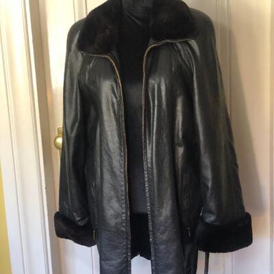 Escada Margaretha Ley Black Leather and Fur Trim Jack with Waist Tie Belt Size 38