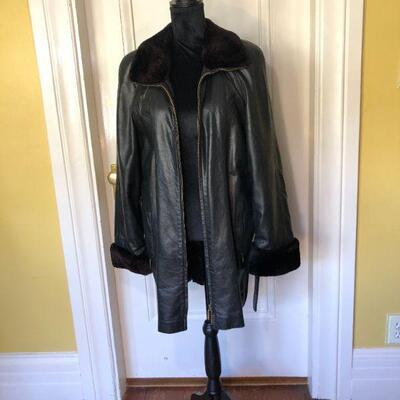 Escada Margaretha Ley Black Leather and Fur Trim Jack with Waist Tie Belt Size 38