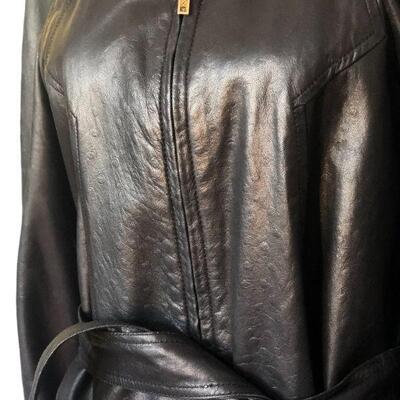 Escada Margaretha Ley Black Leather and Fur Trim Jack with Waist Tie Belt Size 38