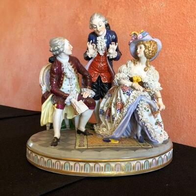 Dresden Porcelain Figural Conversational Trio of Two Gentlemen and a Lady