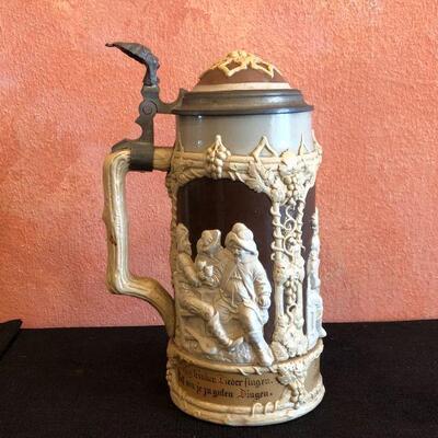 Antique Villeroy & Boch Lidded German Beer Stein with 3 Scenes