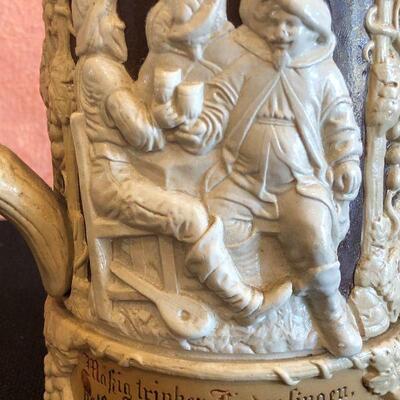 Antique Villeroy & Boch Lidded German Beer Stein with 3 Scenes