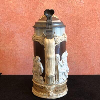 Antique Villeroy & Boch Lidded German Beer Stein with 3 Scenes