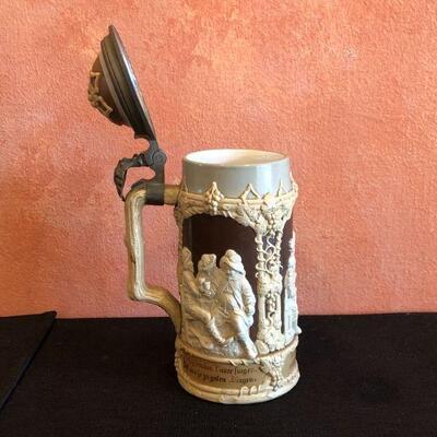 Antique Villeroy & Boch Lidded German Beer Stein with 3 Scenes