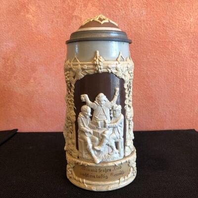 Antique Villeroy & Boch Lidded German Beer Stein with 3 Scenes