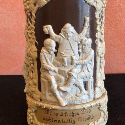 Antique Villeroy & Boch Lidded German Beer Stein with 3 Scenes