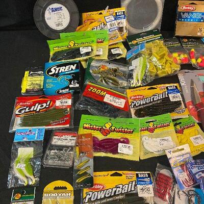 Lot 62 - Fishing Gear (Paring knife, hook bonnets, foam peg floats, unbreakable weighted bobbers, vanish line, bait, fishing line and...
