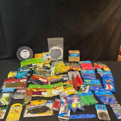 Lot 62 - Fishing Gear (Paring knife, hook bonnets, foam peg floats, unbreakable weighted bobbers, vanish line, bait, fishing line and...