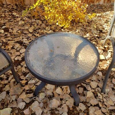 Lot 6: (2) Outdoor Chairs and Small Glass Top Side Table