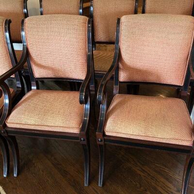 Set of 10 Dining Chairs with Dark Brown Wood and Red Pattern Fabric
