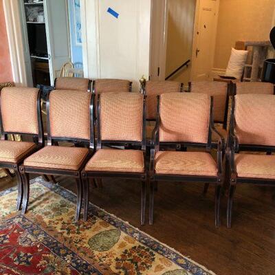 Set of 10 Dining Chairs with Dark Brown Wood and Red Pattern Fabric