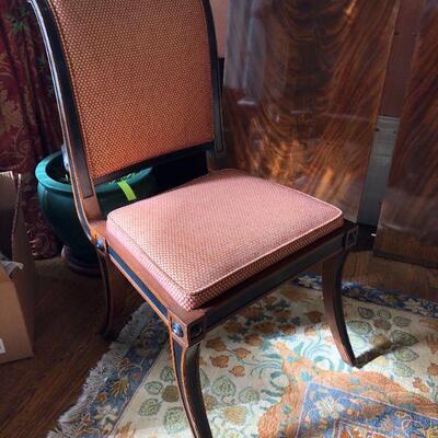 Set of 10 Dining Chairs with Dark Brown Wood and Red Pattern Fabric