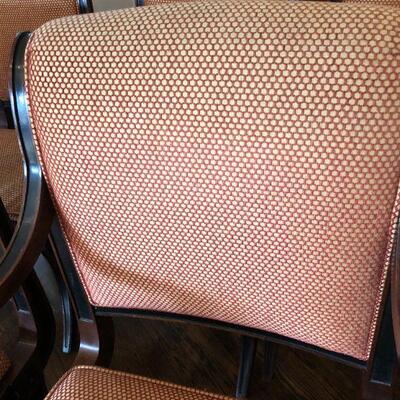 Set of 10 Dining Chairs with Dark Brown Wood and Red Pattern Fabric