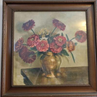 Original Oil Painting of Flowers framed behind glass