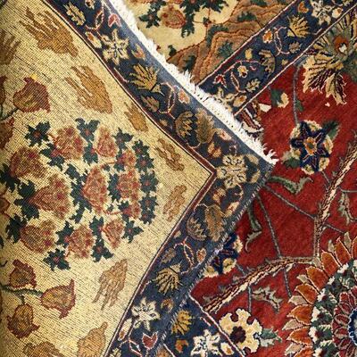 Large 10 x 14 Ft Hand Woven Area Rug in Red Navy Blue and Tan Pattern