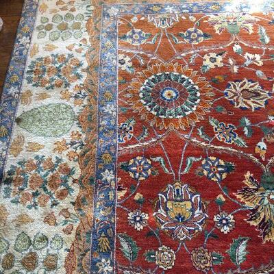 Large 10 x 14 Ft Hand Woven Area Rug in Red Navy Blue and Tan Pattern