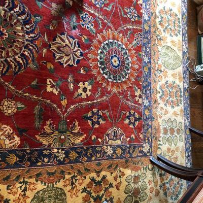 Large 10 x 14 Ft Hand Woven Area Rug in Red Navy Blue and Tan Pattern