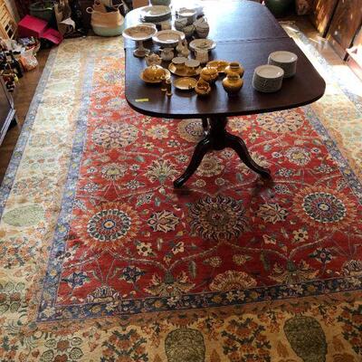 Large 10 x 14 Ft Hand Woven Area Rug in Red Navy Blue and Tan Pattern
