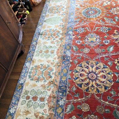 Large 10 x 14 Ft Hand Woven Area Rug in Red Navy Blue and Tan Pattern